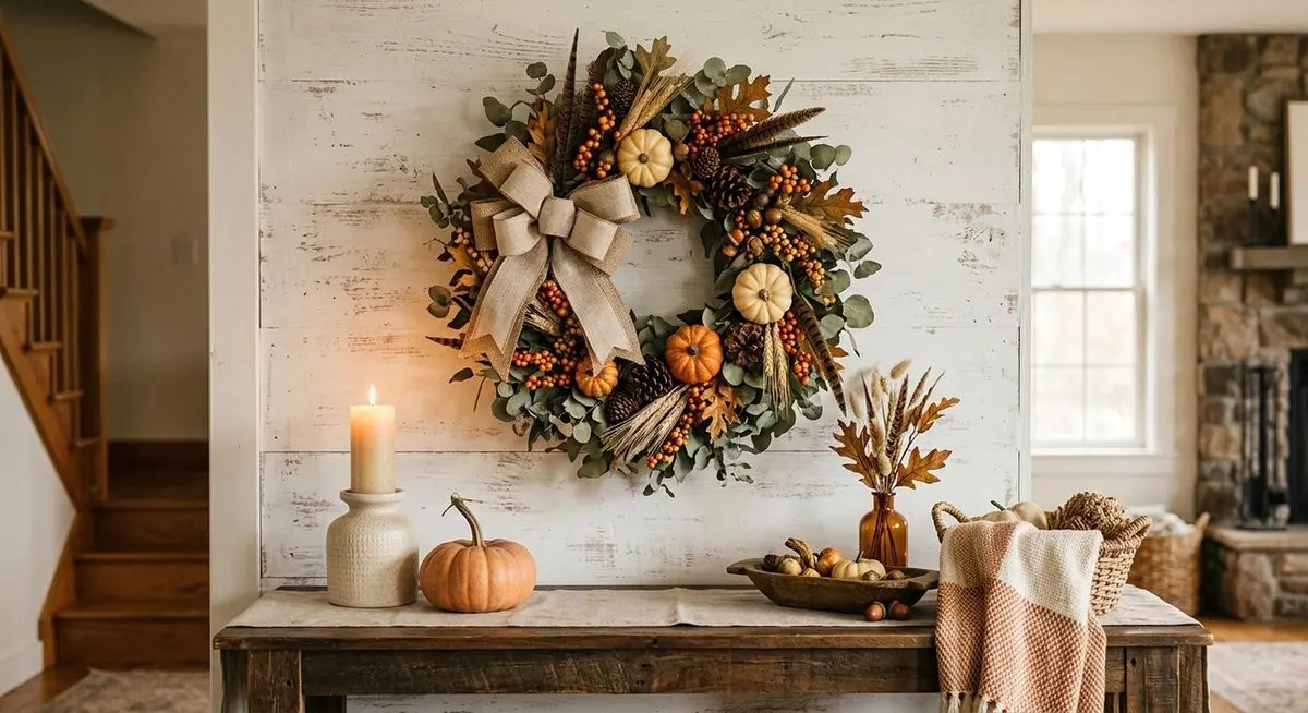 A designer fall wreath styled on a rustic whitewashed wall above a wooden console table, with a small pumpkin and a candle beside it in warm afternoon light