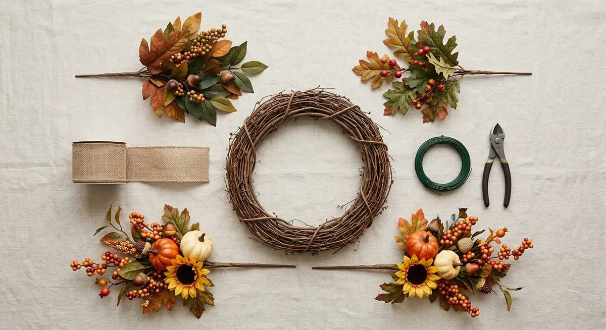 Overhead flat lay of wreath-making supplies on pale linen: a bare oval grapevine wreath, two autumn foliage picks, two decorative stems with pumpkins and sunflowers, burlap wired ribbon, floral wire and wire cutters