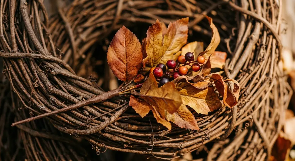 Close-up of an autumn foliage pick tucked into the woven dried vines of a grapevine wreath, showing the twisted vine texture, rust and ochre leaves and a small berry cluster