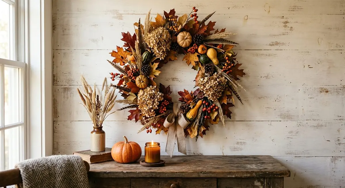 A designer fall wreath styled indoors on a rustic whitewashed wall above a wooden console table, with a small pumpkin and a lit candle beside it in warm afternoon light