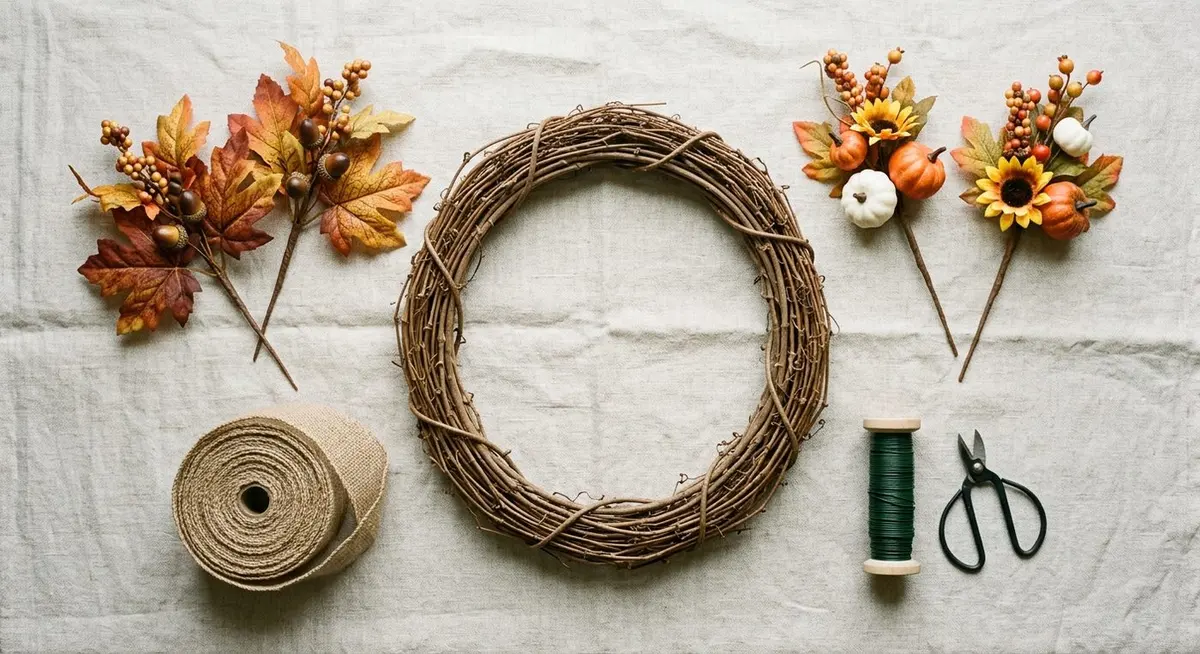 Overhead flat lay of wreath-making supplies on pale linen: a bare oval grapevine wreath, autumn foliage picks, decorative stems with small pumpkins and sunflowers, burlap wired ribbon, floral wire and wire cutters