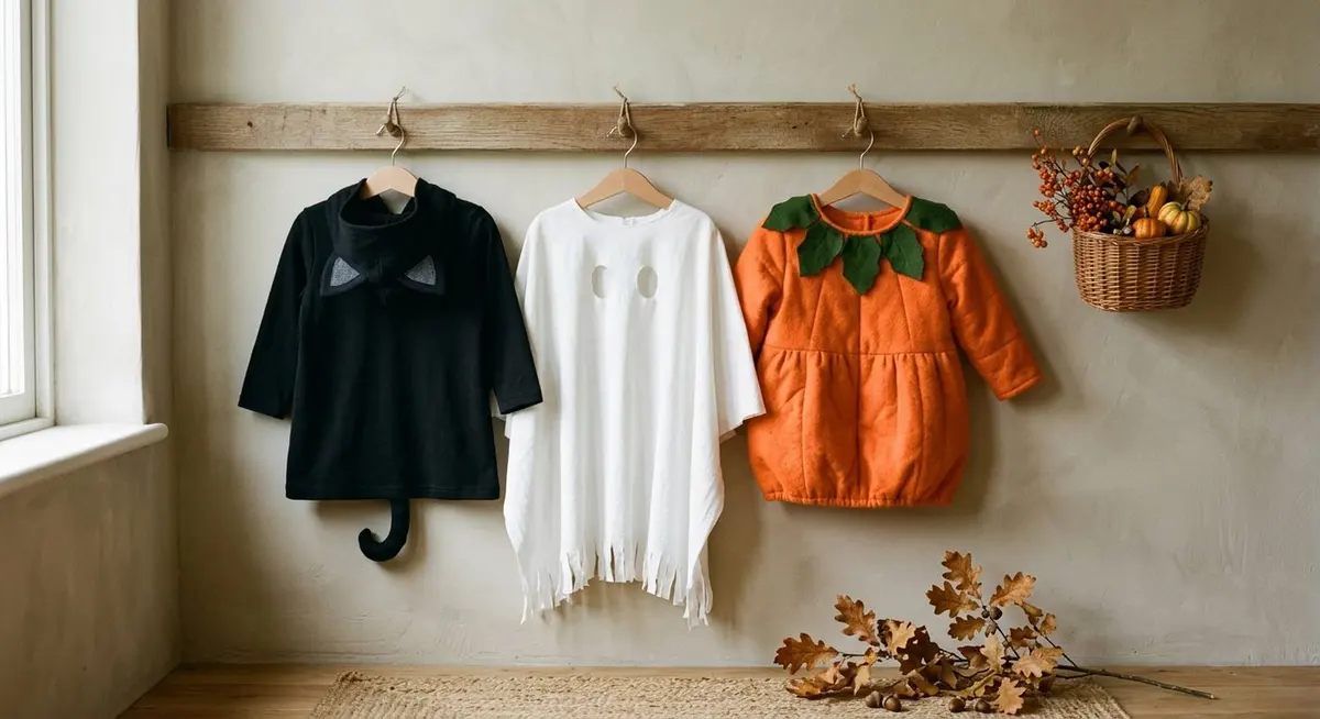 A row of simple homemade children's Halloween costumes hanging on a wooden rail against a plain wall, including a black cat, a ghost and a pumpkin