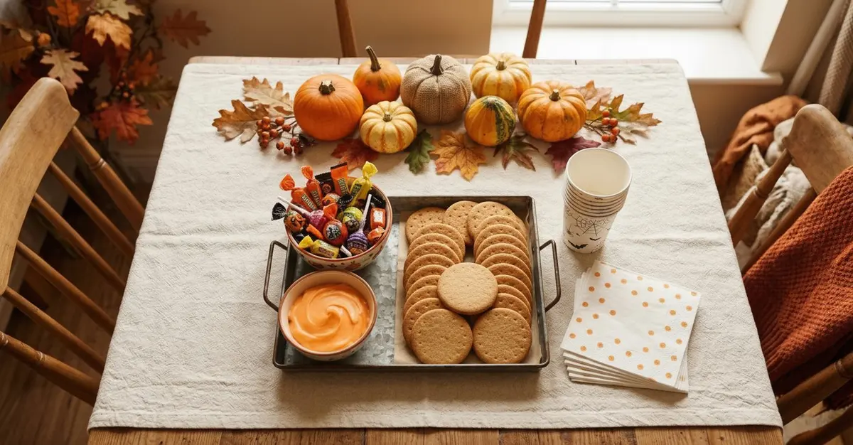 Overhead view of a children's Halloween party table with a tray of plain round biscuits, a small bowl of orange icing, a bowl of wrapped sweets, paper cups and plain paper napkins on a cream linen cloth