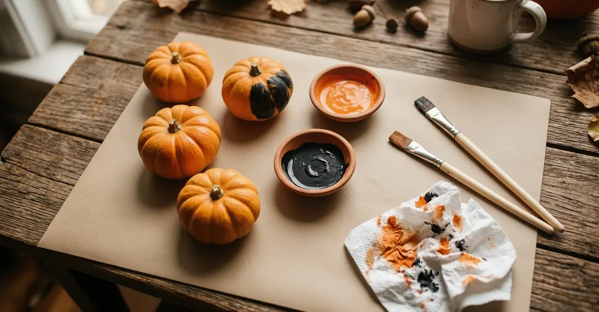 Overhead view of small round pumpkins being painted on newspaper with orange and black paint pots, brushes and paper towels on a wooden table