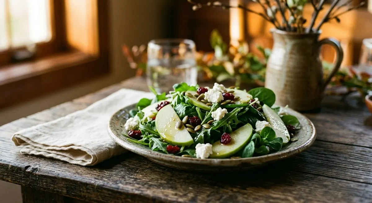 A single serving of fresh green salad with apple slices, dried cranberries, toasted pumpkin seeds and crumbled cheese on a rustic stoneware side plate beside a folded linen napkin