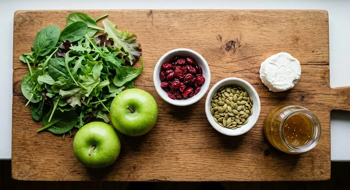 Overhead flat lay of salad ingredients on a wooden board: fresh baby salad greens, two green apples, bowls of dried cranberries and toasted pumpkin seeds, a round of goat cheese and a jar of dressing