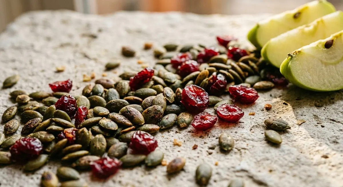Close-up of toasted green pumpkin seeds and ruby-red dried cranberries scattered across a pale stone surface with thin slices of green apple at the edge