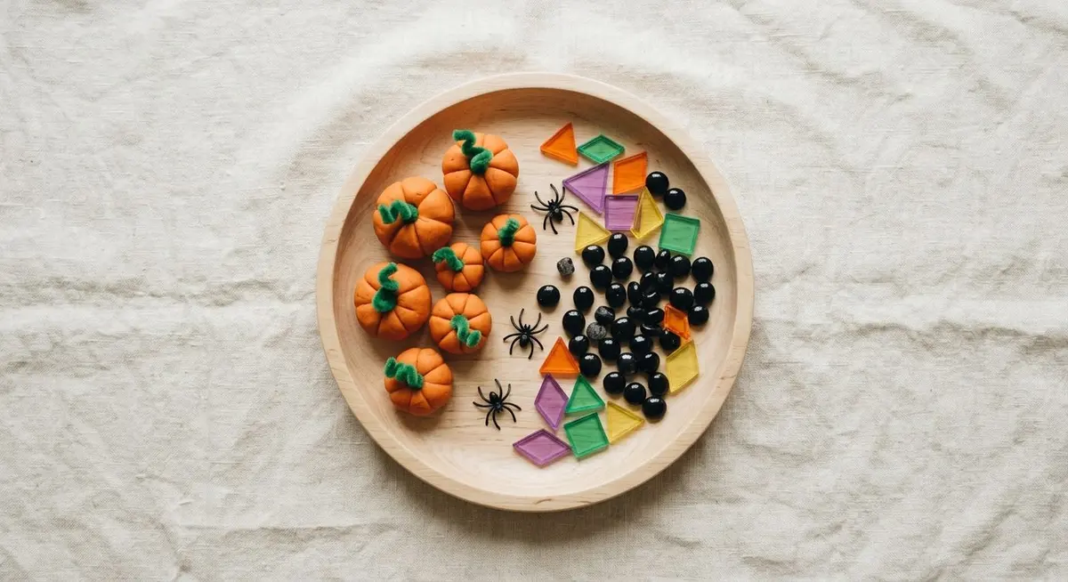Overhead view of round orange play dough pumpkins with green pipe cleaner stems on a wooden plate, surrounded by small black beads, pattern blocks and tiny plastic spiders on cream linen