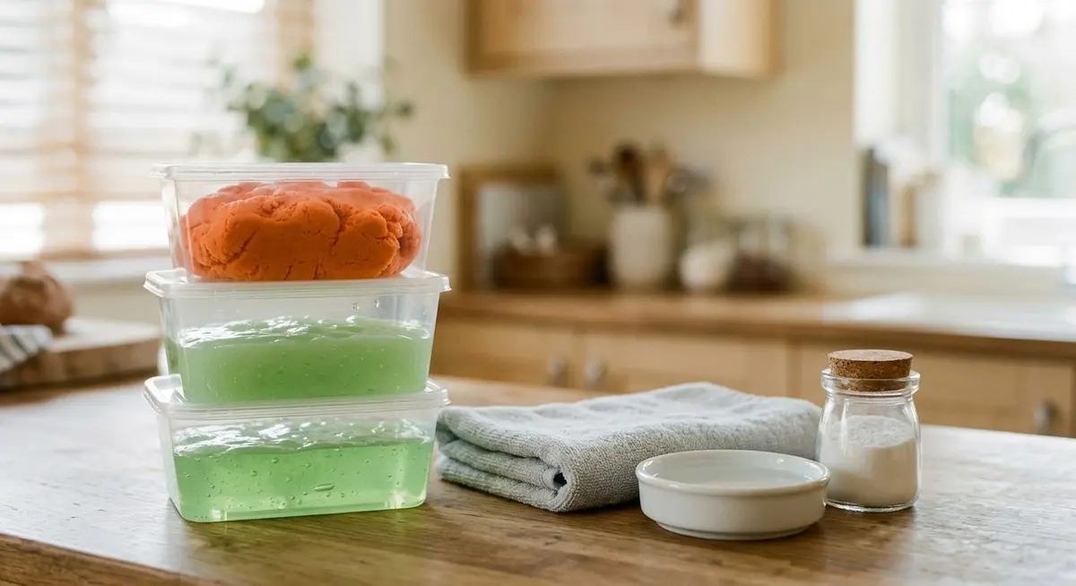 Stacked clear lidded containers of orange play dough and pale green slime on a kitchen counter beside a folded grey towel, a shallow white dish and a small corked jar of white powder