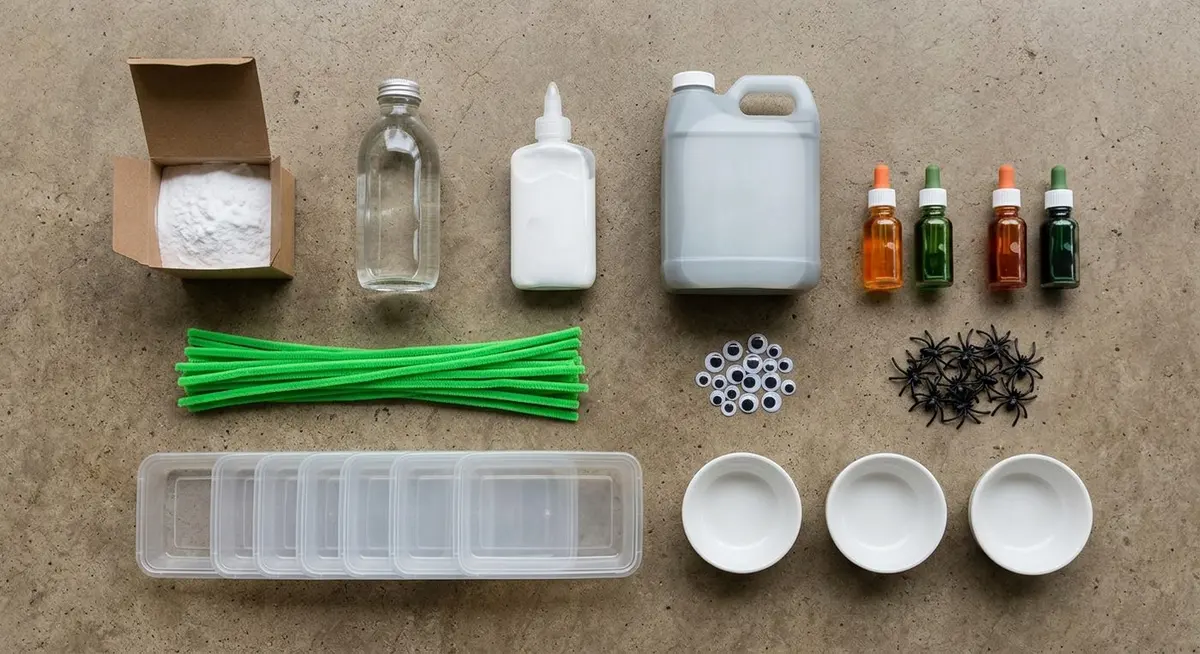 Flat lay of sensory play supplies in neat rows on a grey surface: a box of white powder, a jug of cloudy liquid, a squeeze bottle of white glue, dropper bottles of orange and green colouring, pipe cleaners, googly eyes, plastic spiders and shallow clear trays