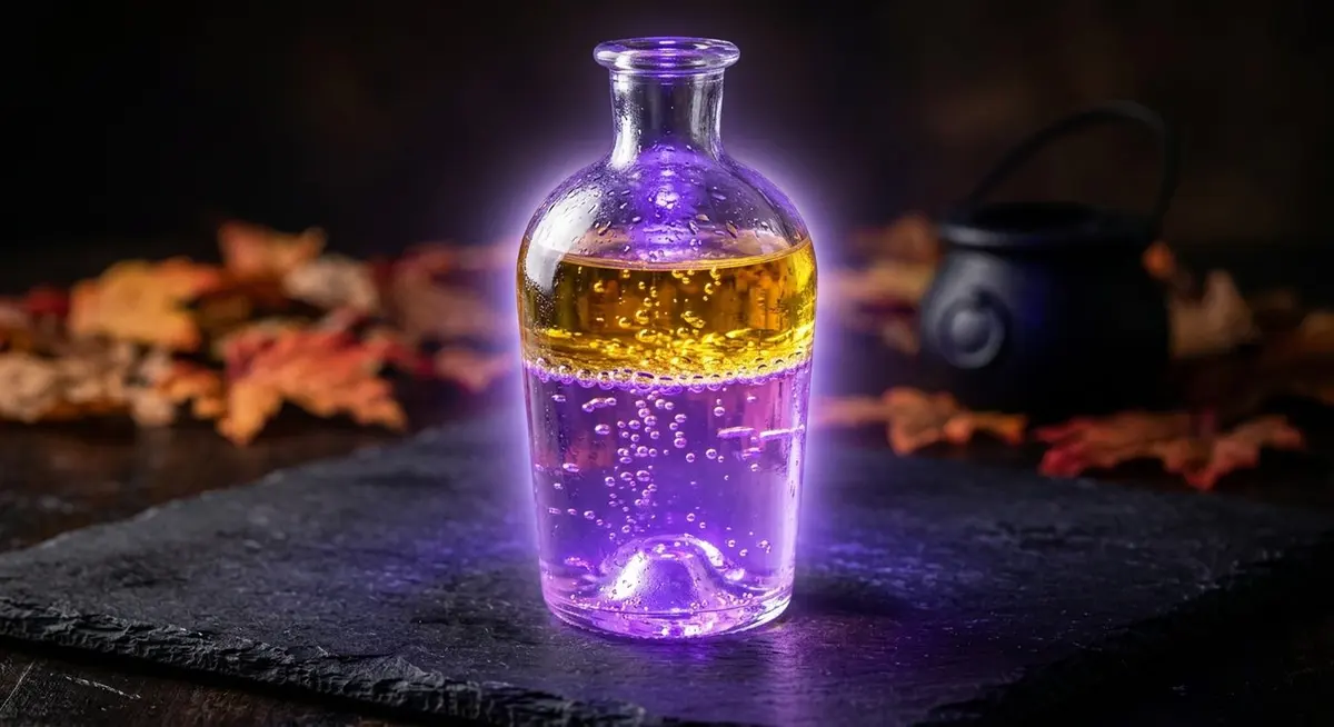 A tall clear glass bottle of layered golden oil and glowing purple liquid with round bubbles rising through the layers on a dark slate table