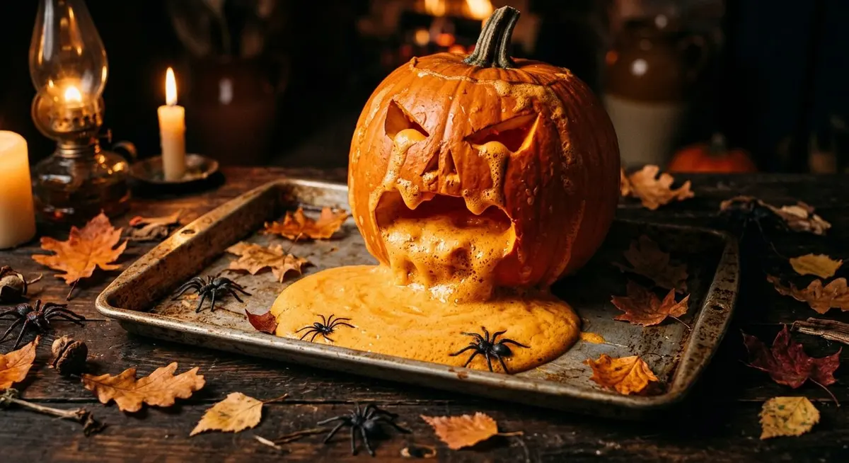 A carved orange pumpkin on a metal baking tray with thick orange foam oozing from its mouth and pooling on the tray, surrounded by autumn leaves