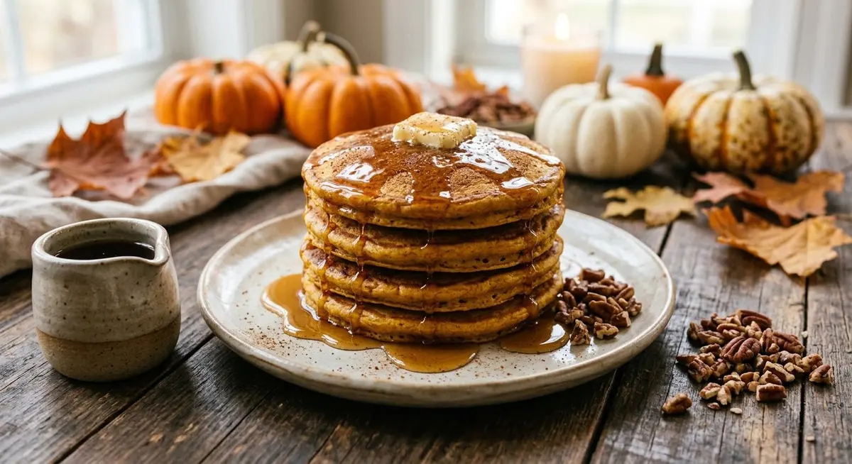 A stack of golden-brown pumpkin pancakes on a pale ceramic plate with maple syrup drizzling down the sides and toasted pecans scattered alongside