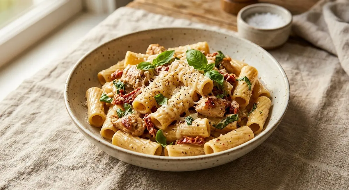 Slow-cooker marry me chicken spooned over rigatoni in a shallow bowl with basil on top