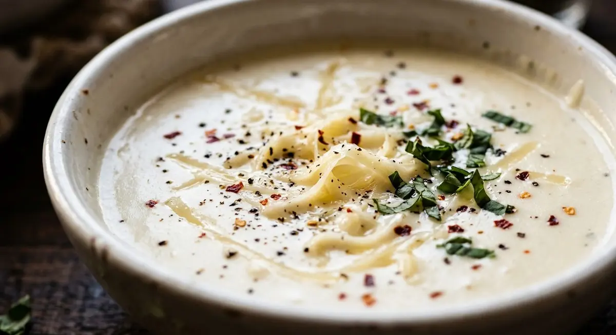Close view of the creamy garlic sauce with grated parmesan melting in and fresh basil scattered on top