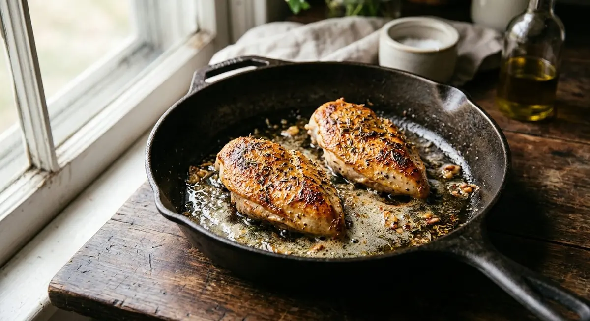 Golden seared chicken breasts in a skillet with melted butter and olive oil