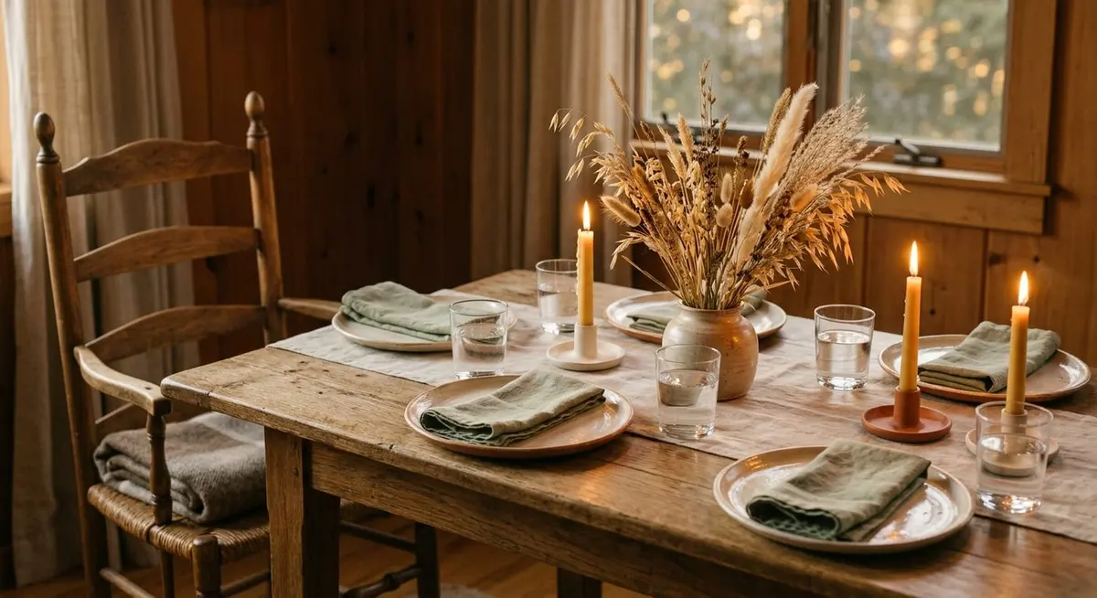 A simply set family dinner table in warm evening light with plain ceramic plates, linen napkins, a dried grass centrepiece and candles