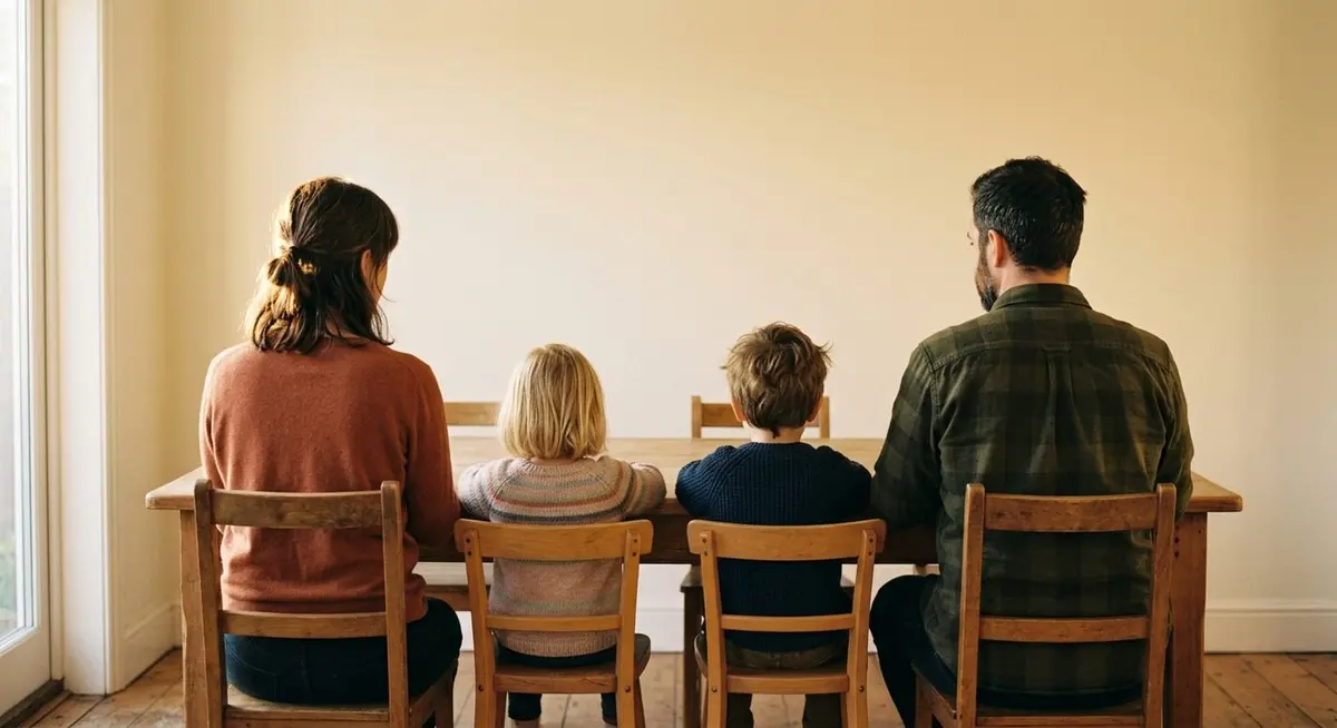 A family of four seen from behind sitting at a wooden table in warm evening light with a plain wall behind them