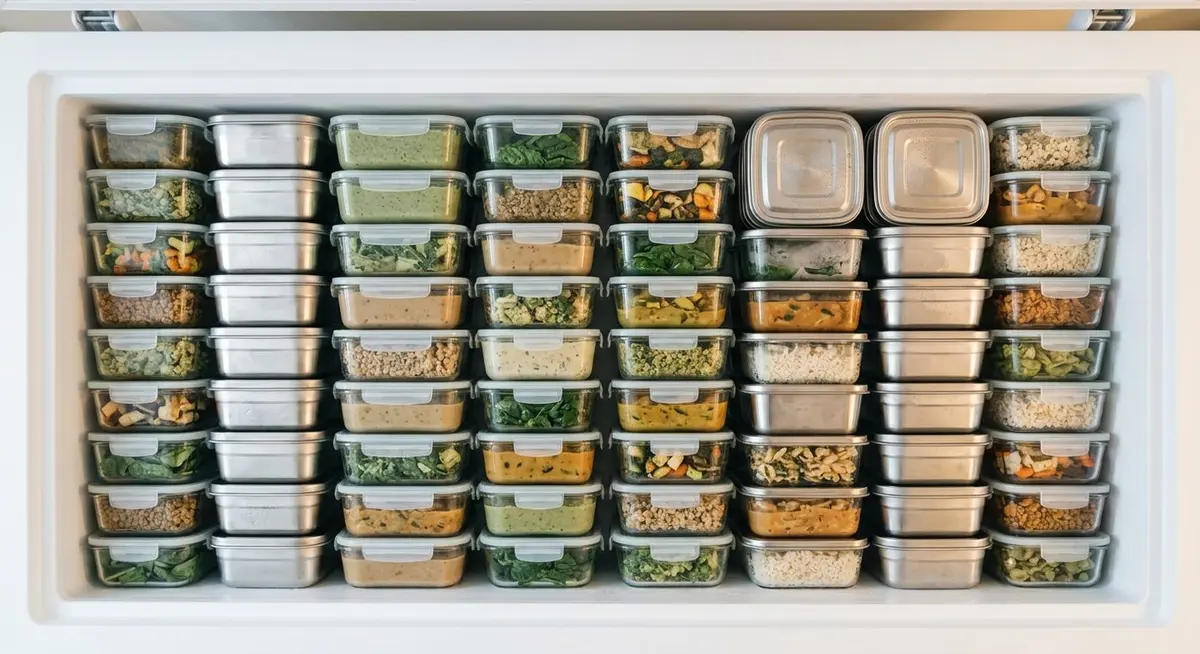 A top-down view of a freezer drawer filled with a neat grid of meal containers of prepared food