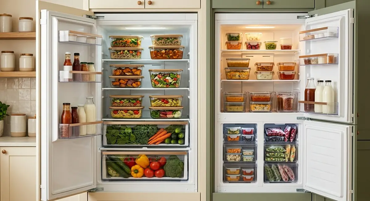 An open refrigerator and freezer neatly organised with glass containers of prepared meals and fresh vegetables in the crisper