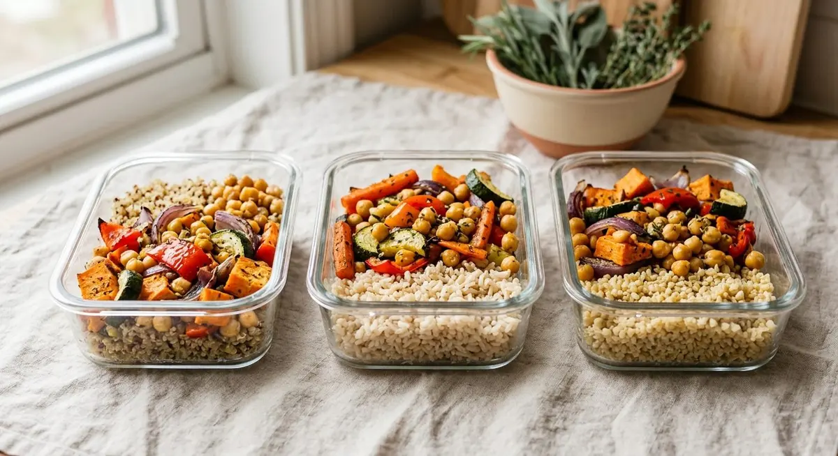 Three glass meal-prep containers on a pale linen cloth filled with grains, roasted vegetables and chickpeas