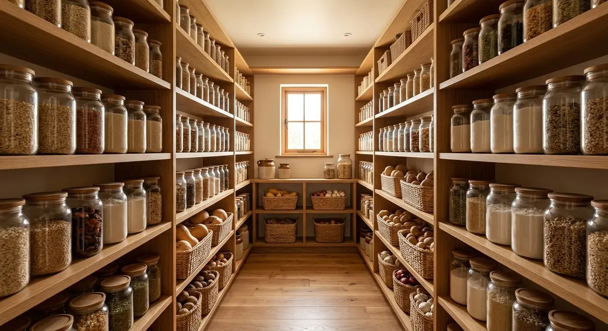 A well-organised walk-in pantry with warm oak shelving holding plain glass jars of grains and pulses and woven baskets of squash and root vegetables