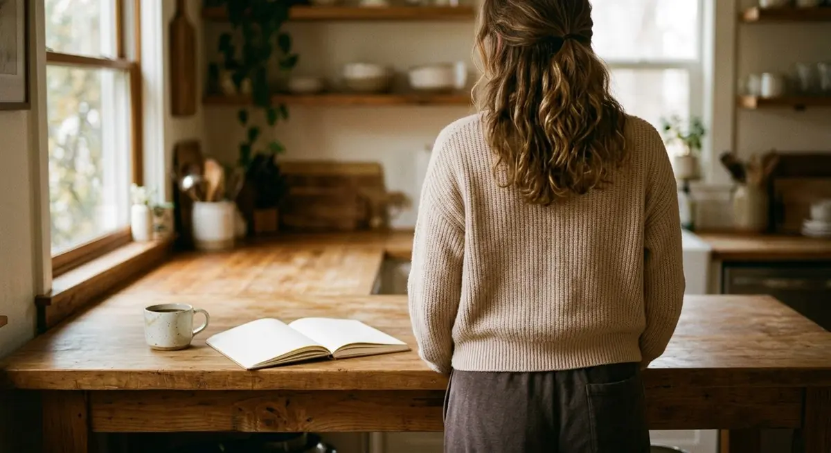 A woman seen from behind at a warm wooden kitchen counter in soft morning light with an open blank notebook and a mug of coffee