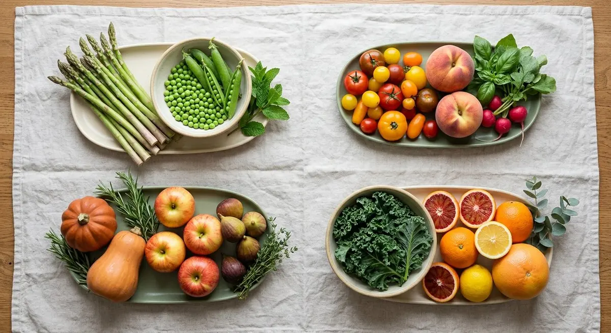 Seasonal produce arranged in four groupings on a pale linen surface: spring greens, summer tomatoes and peaches, autumn squash and apples, winter citrus and kale