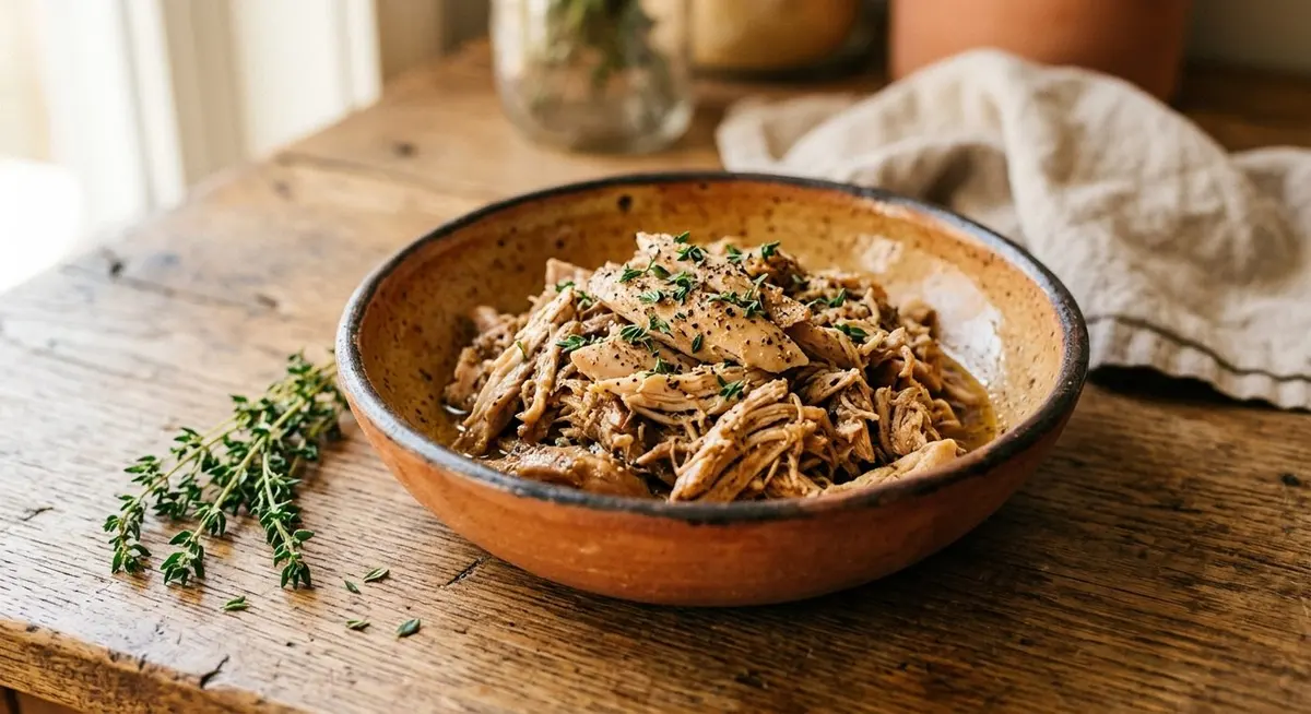 A shallow ceramic bowl of shredded slow-cooked chicken with fresh thyme on a warm oak surface