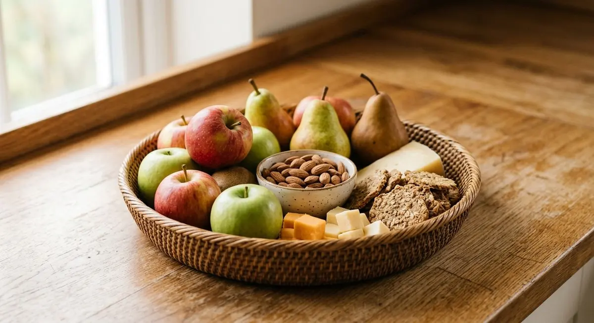 A woven basket on a warm wooden kitchen counter filled with whole apples, pears, almonds, cheese cubes and oat crackers
