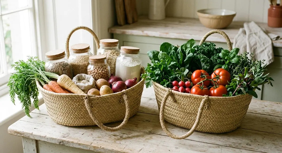 Two woven baskets side by side on a pale wooden surface, one filled with jars of dry staples and root vegetables, the other with fresh greens, herbs and tomatoes