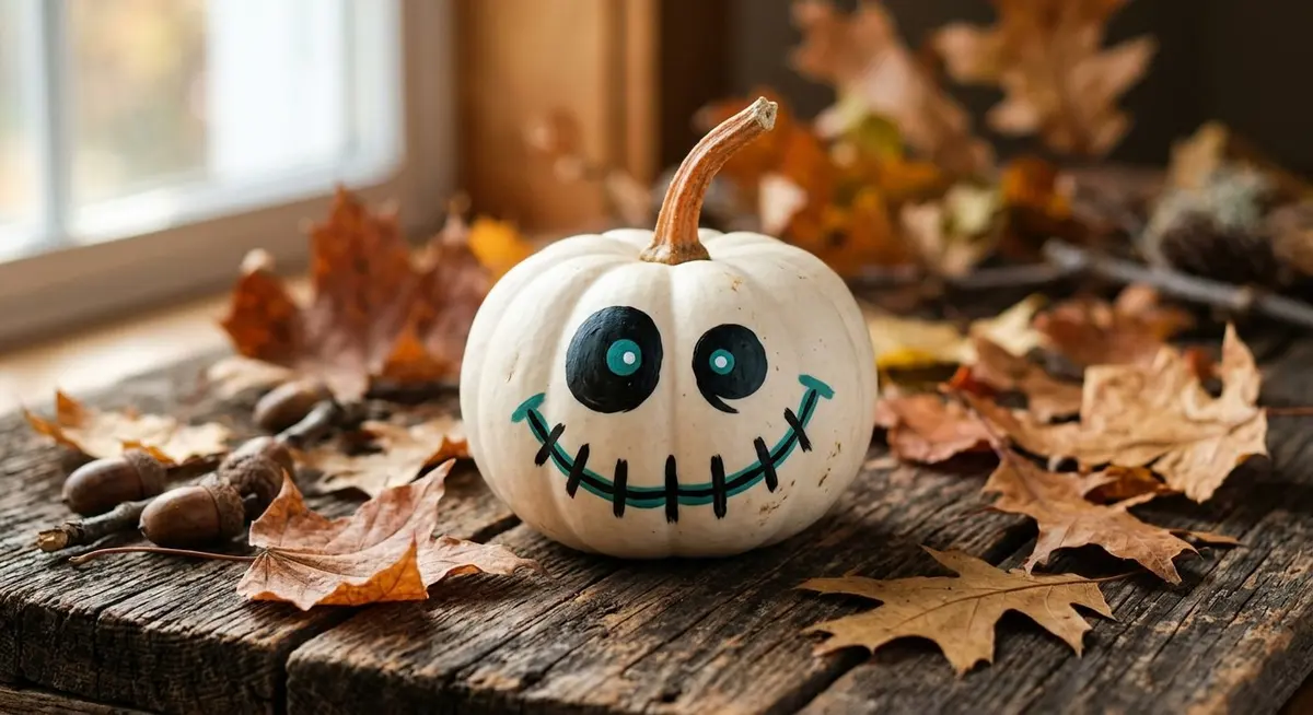 Close-up of a small white pumpkin painted with a simple bold monster face in black and teal paint on a rustic wooden surface with dry maple leaves