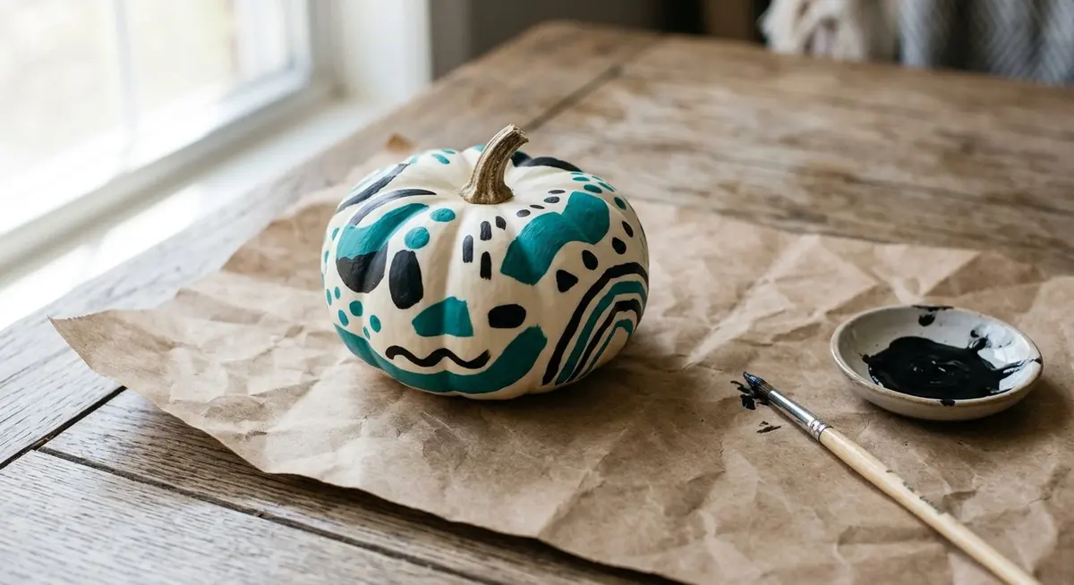A small white pumpkin on brown kraft paper painted with a simple abstract teal and black pattern of bold dots and curved stripes, a fine paintbrush resting beside a shallow dish of black paint