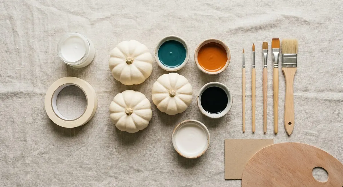 Overhead flat lay of pumpkin painting supplies on pale linen: three small white pumpkins, shallow dishes of teal, orange, black and white craft paint, paintbrushes, a wooden palette and a roll of painter's tape