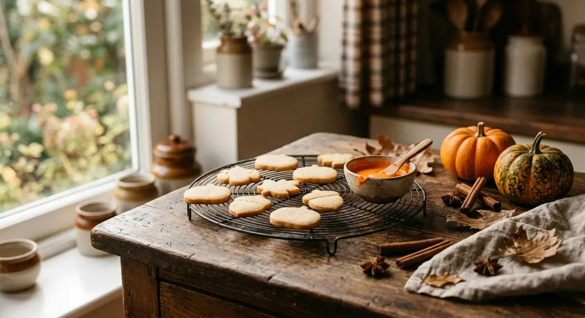 A wire cooling rack of plain round sugar cookies in autumn shapes on a kitchen counter with a bowl of orange icing, cinnamon sticks and small pumpkins