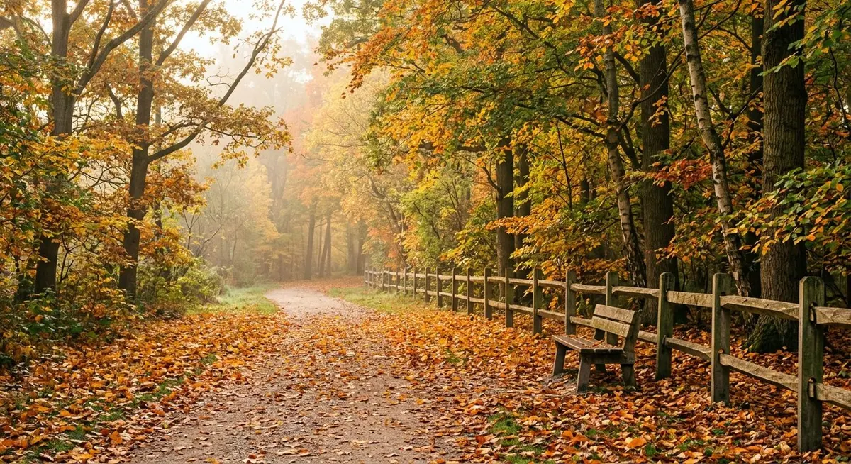 A sunlit autumn park path covered in fallen orange and yellow leaves with a low wooden fence and trees in early fall colour