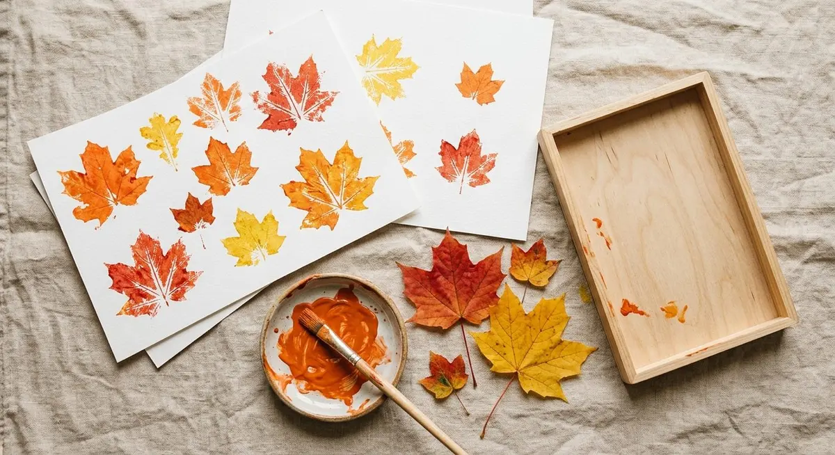 A flat lay of leaf printing in progress with white paper showing orange and red leaf prints, a dish of washable orange paint and clean maple leaves