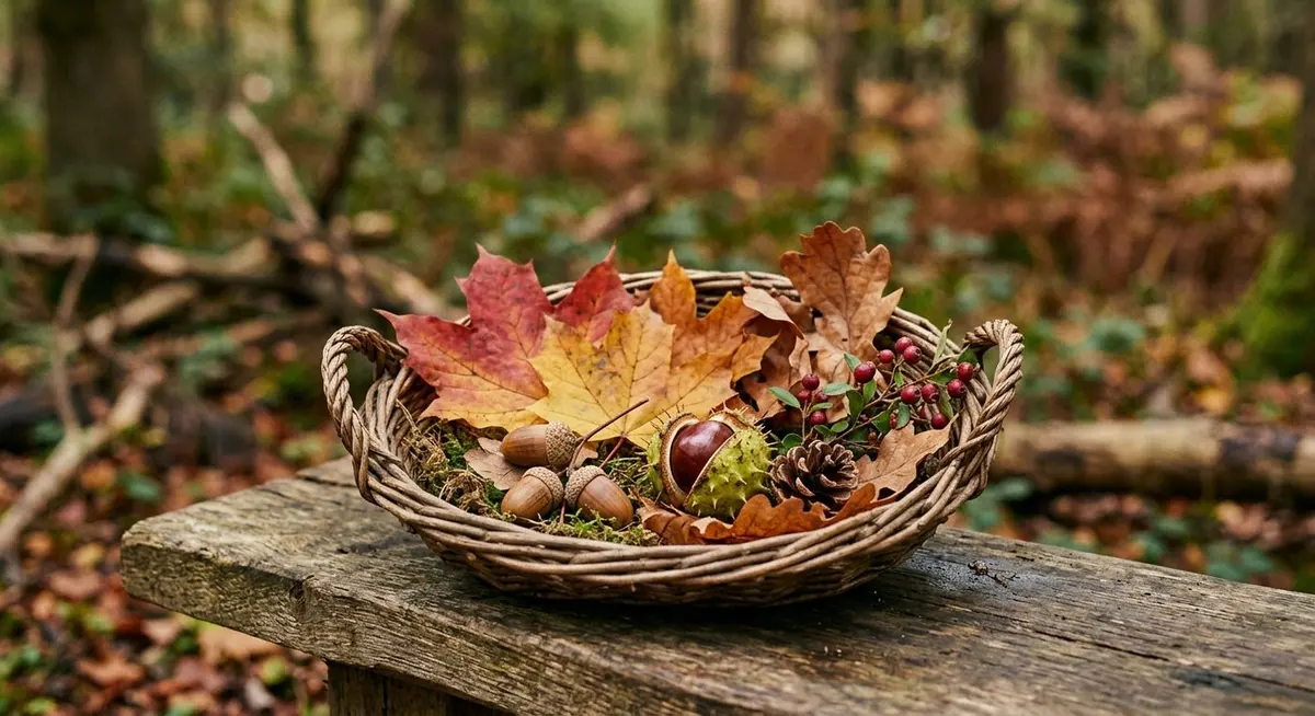 A shallow woven willow basket filled with freshly collected autumn finds - red and gold maple leaves, a brown oak leaf, acorns, a sweet chestnut, a pine cone and a sprig of red berries - resting on a weathered wooden bench