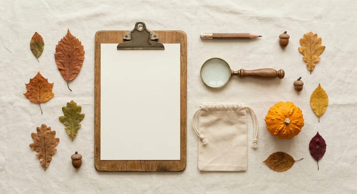 Overhead flat lay on natural linen of a blank paper on a clipboard, a stub pencil, a small magnifying glass, a canvas drawstring bag, an orange gourd and scattered red, gold and brown autumn leaves with acorns