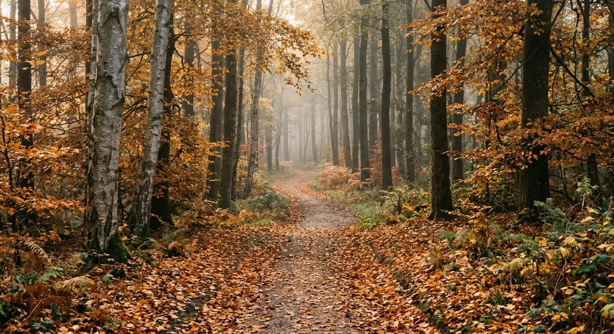 A narrow leaf-strewn footpath winding between tall golden birch and copper beech trees in autumn, with drifts of fallen orange leaves and soft mist in the distance