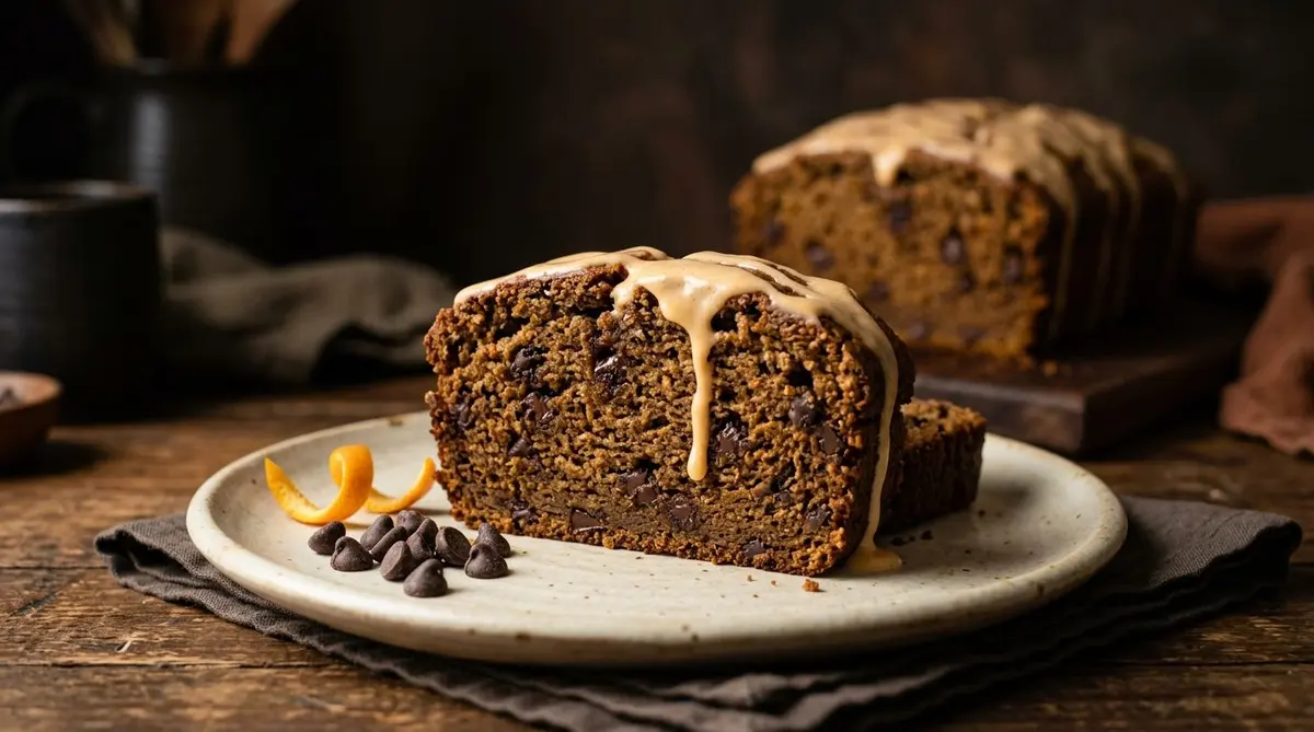 A thick slice of pumpkin chocolate chip bread on a cream speckled plate with a thin orange glaze and an orange peel curl, the glazed loaf soft-blurred behind it