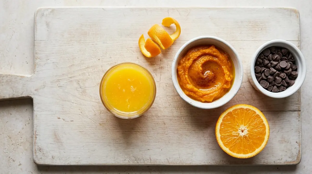 Overhead flat lay of pumpkin bread ingredients on a pale wooden board: a glass of orange juice, orange zest, a bowl of pumpkin puree, chocolate chips and a halved orange