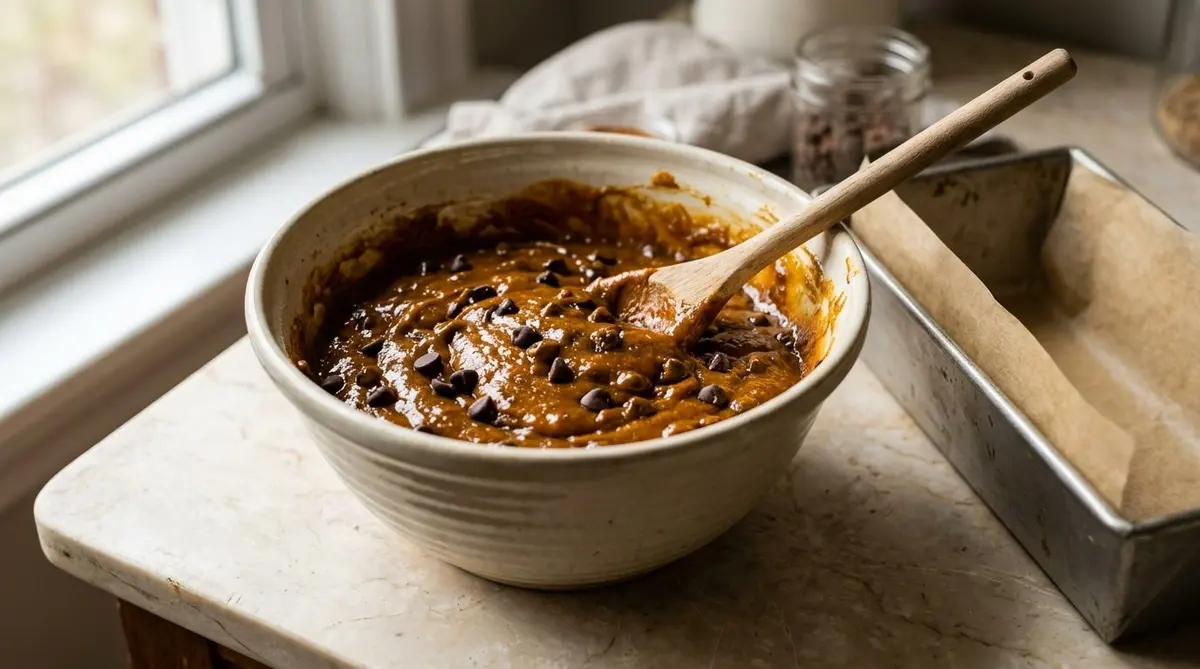 A cream mixing bowl of glossy deep-orange pumpkin bread batter studded with chocolate chips, a parchment-lined metal loaf pan waiting beside it on a pale counter