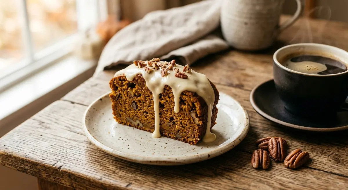 A thick slice of glazed spiced pumpkin bread on a cream stoneware plate beside a cup of black coffee and pecan halves