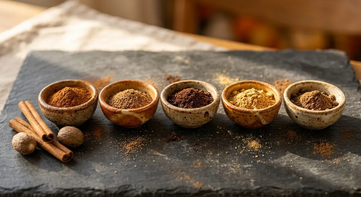 Five small ceramic pinch bowls of ground cinnamon, nutmeg, cloves, ginger and allspice on dark slate with cinnamon sticks and a whole nutmeg