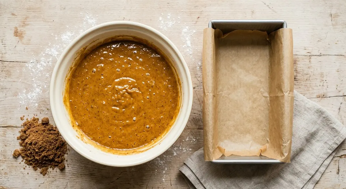 Glossy deep-orange spiced pumpkin bread batter in a cream mixing bowl beside a parchment-lined loaf pan on a pale wooden work surface