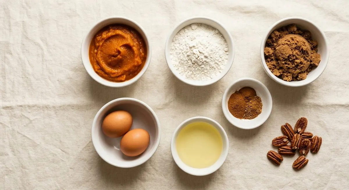 Overhead flat lay of pumpkin bread ingredients in separate white bowls: pumpkin puree, flour, brown sugar, eggs, oil, and ground spices