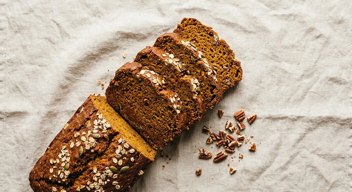 Overhead view of a sliced pumpkin bread loaf with thick slices fanned out on a pale linen surface, chopped pecans scattered alongside