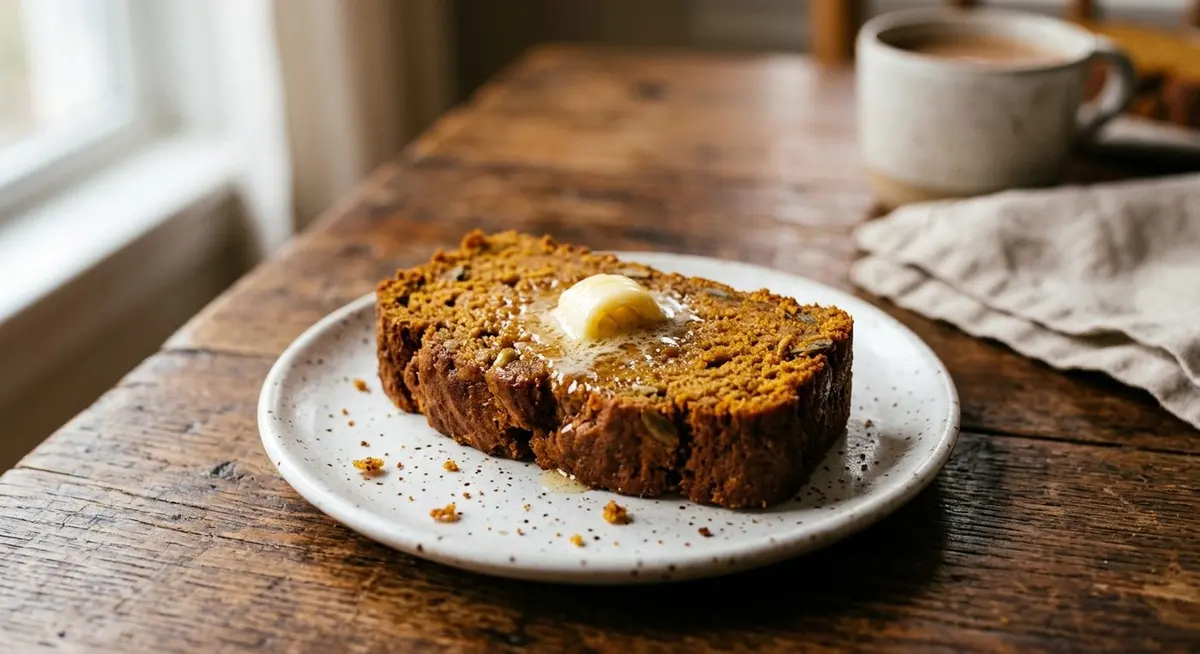 A thick slice of pumpkin bread on a small white plate with a pat of butter melting into the top