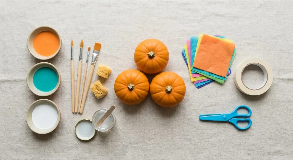 Overhead flat lay of pumpkin decorating supplies on pale linen: three small pumpkins, shallow dishes of orange, teal and white craft paint, paintbrushes, tissue paper squares, a jar of craft glue, painter's tape and sponges